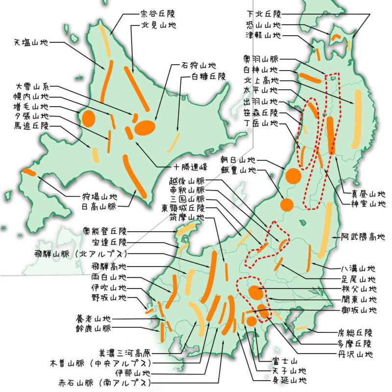 北・東日本の山地・山脈・高地・高原・丘陵一覧