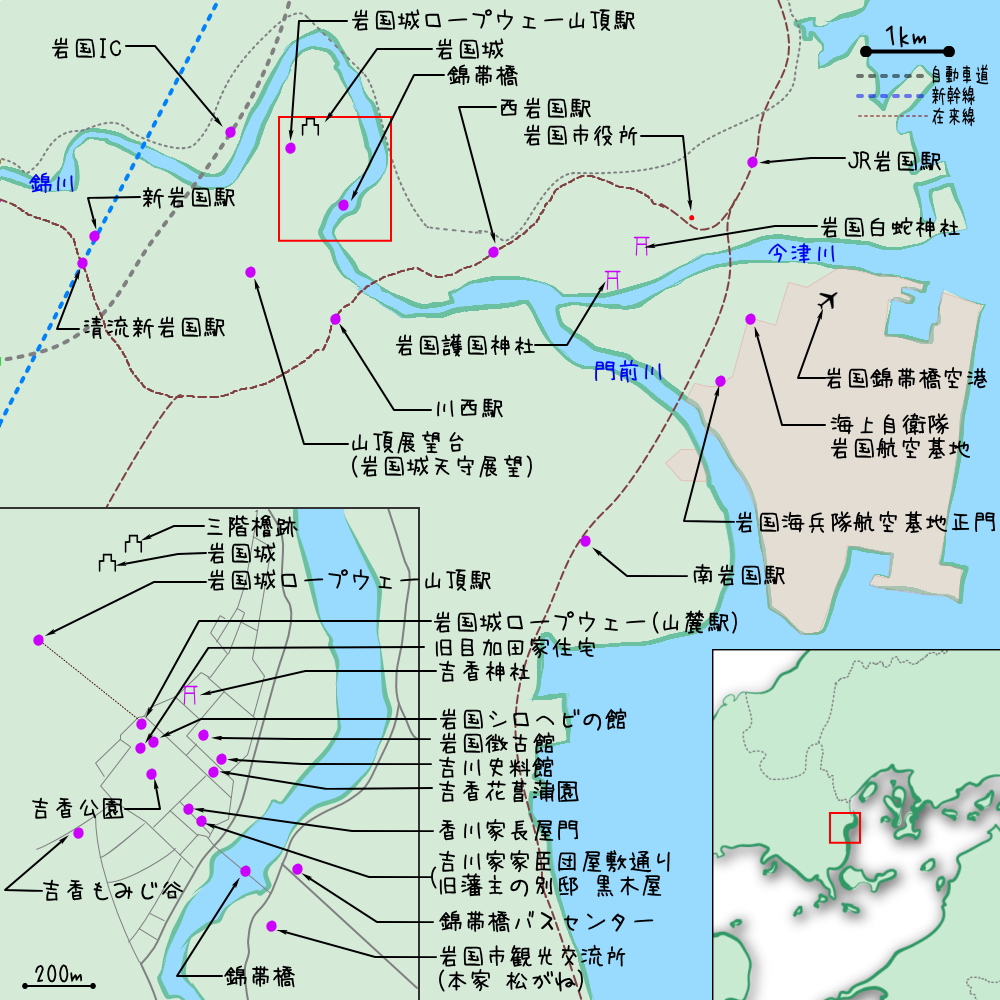 錦帯橋と岩国城下町の地図